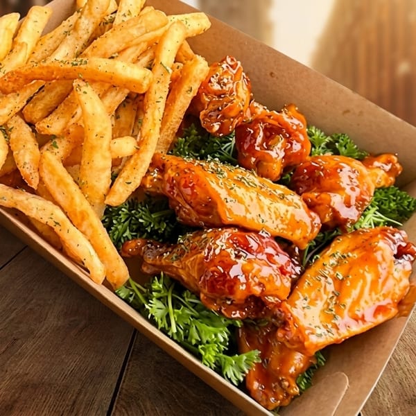 Crispy french fries and glazed chicken wings with parsley in a cardboard tray on a wooden table.