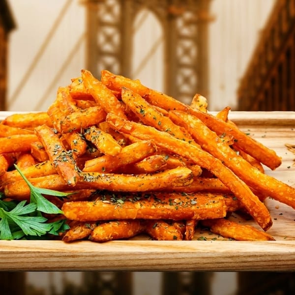 Sweet potato fries with herbs and parsley on a wooden tray, with a blurred bridge in the background.