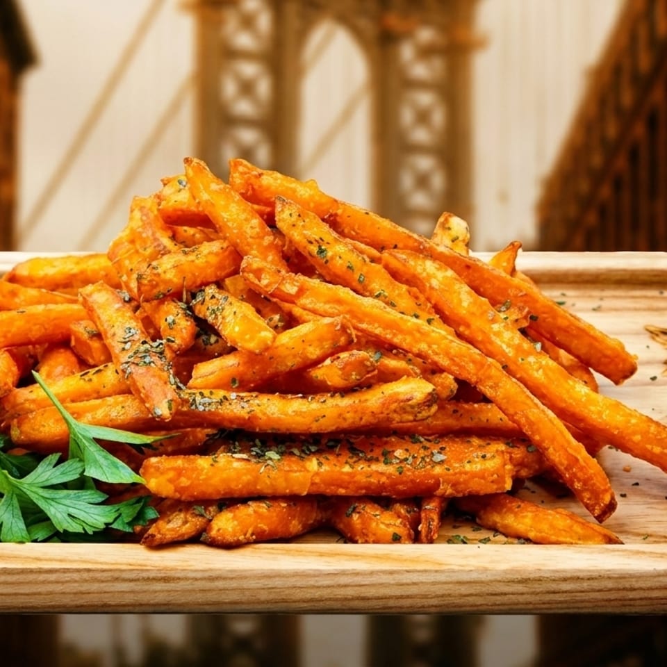 Sweet potato fries with herbs and parsley on a wooden tray, with a blurred bridge in the background.