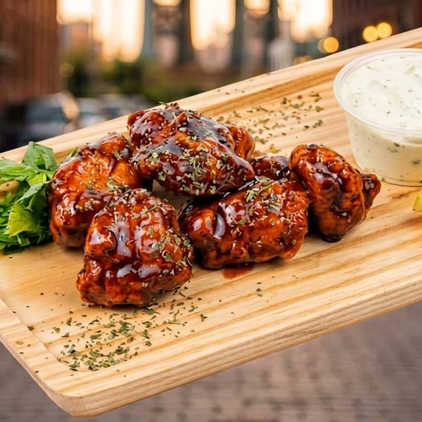 Sweet and spicy chicken wings with ranch, celery, and pickles on a wooden tray outdoors.