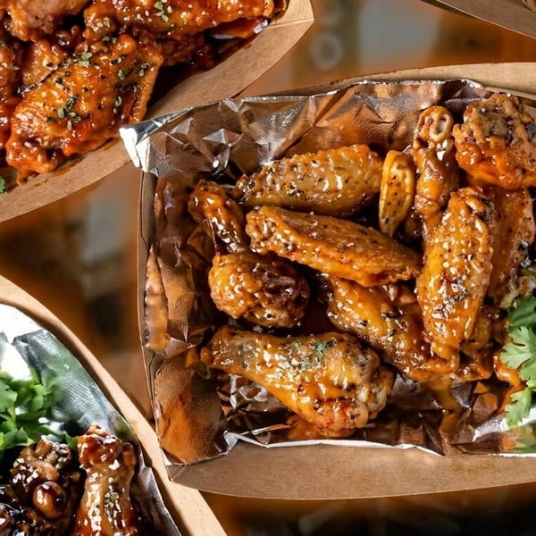 Three cardboard takeout containers filled with various glazed chicken wings and fresh cilantro.