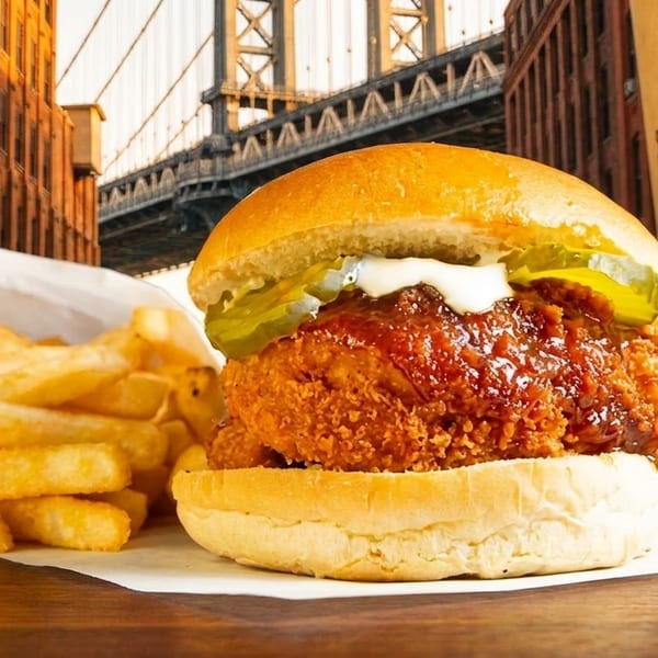Buffalo Boss chicken sandwich, fries, and branded cup on a table with a bridge and buildings in the background.