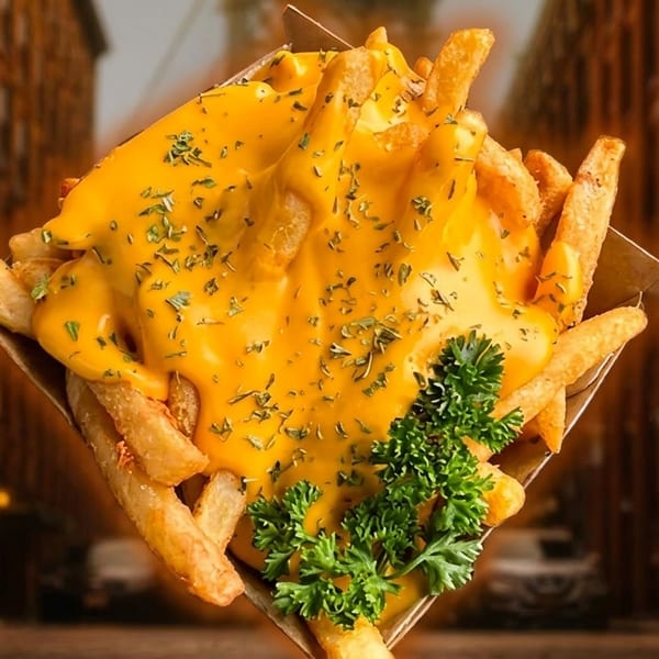 Cheesy fries topped with parsley in a paper container, against a blurred city street background.