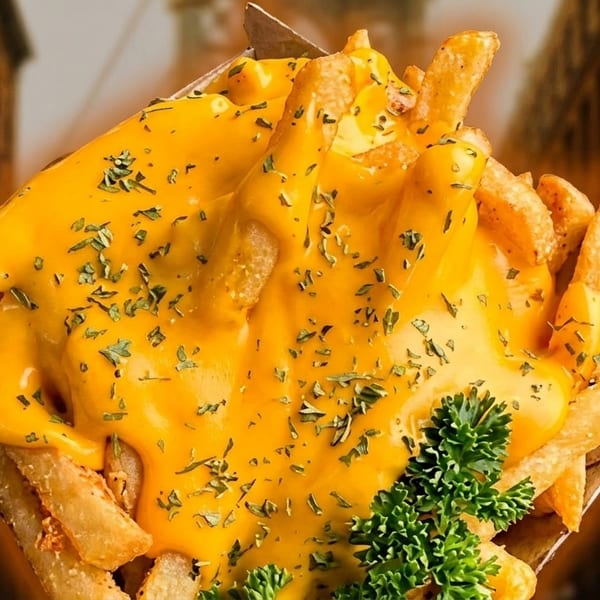 Golden french fries generously topped with melted cheddar cheese sauce and sprinkled with parsley.