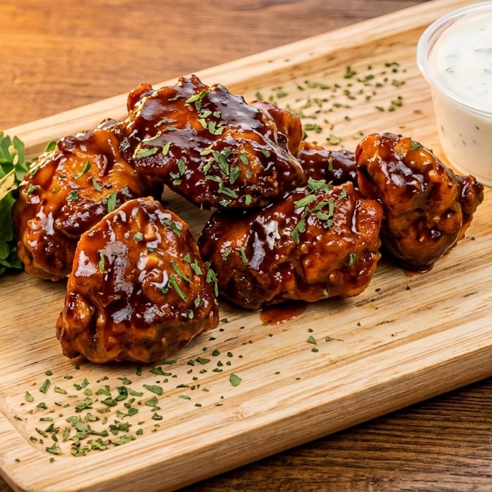 BBQ chicken wings with ranch dressing, celery, and parsley on a wooden tray.