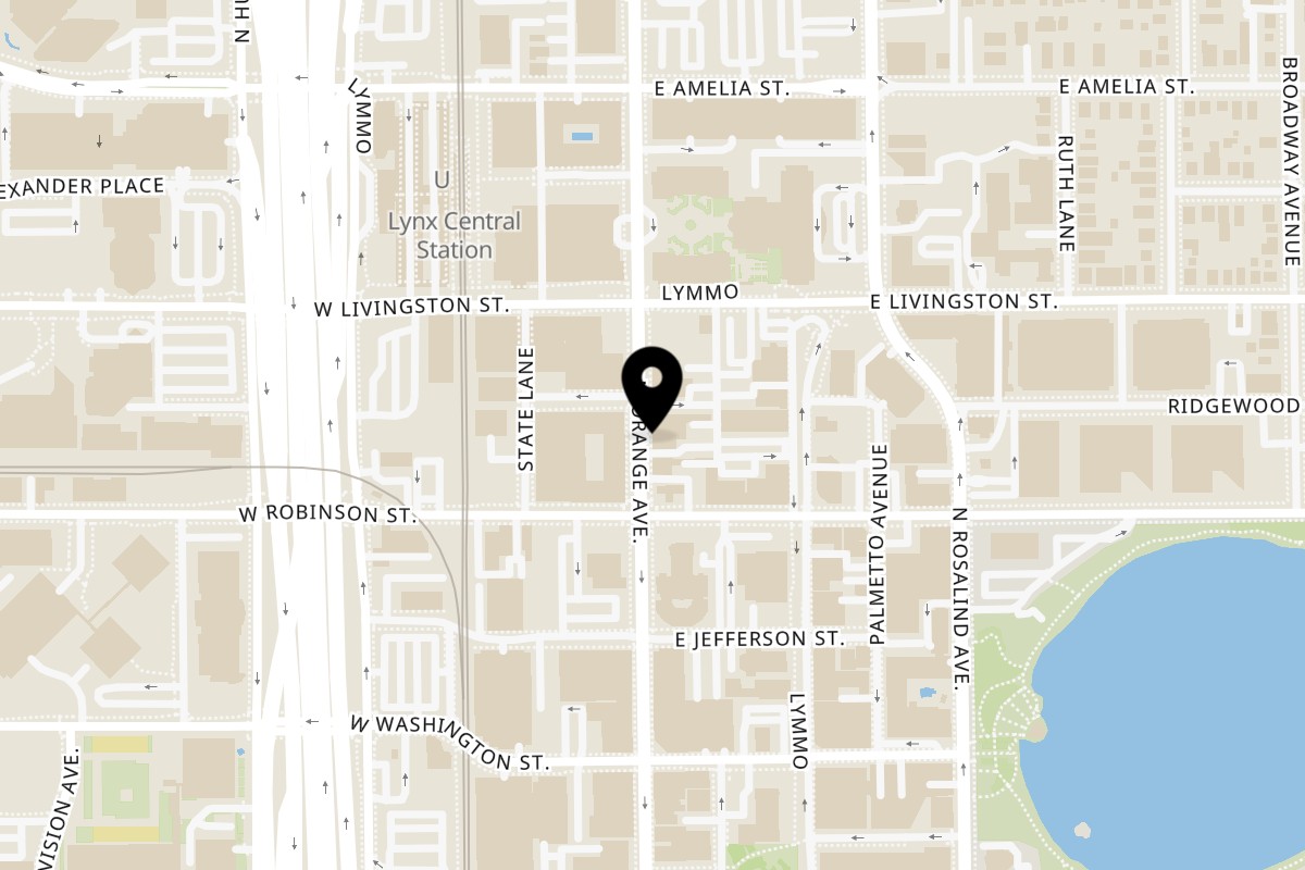 Map showing the location of Buffalo Boss on 333 N Orange Ave in Orlando